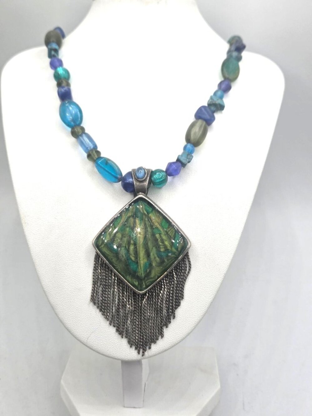 Chicos Blue & Green Beaded Necklace With Fringe Pendant